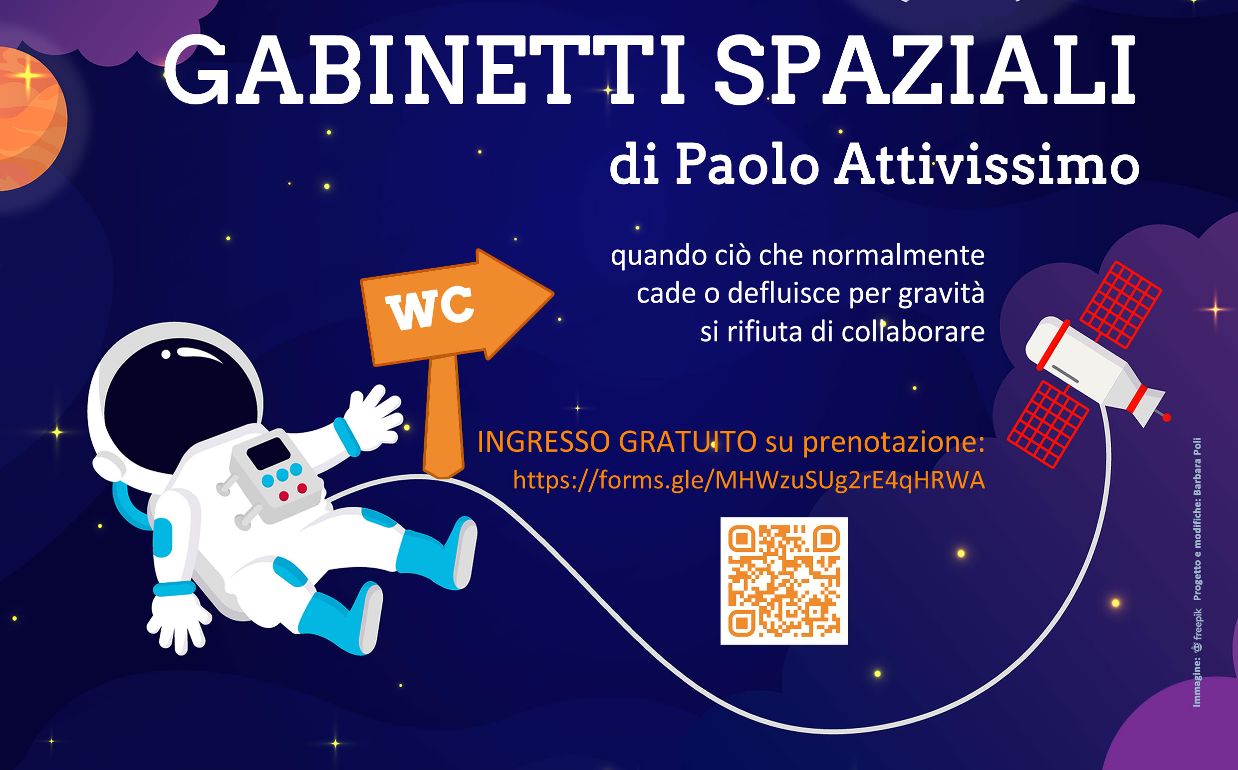 Disegno astronauta nello spazio e cartello segnalazione per WC